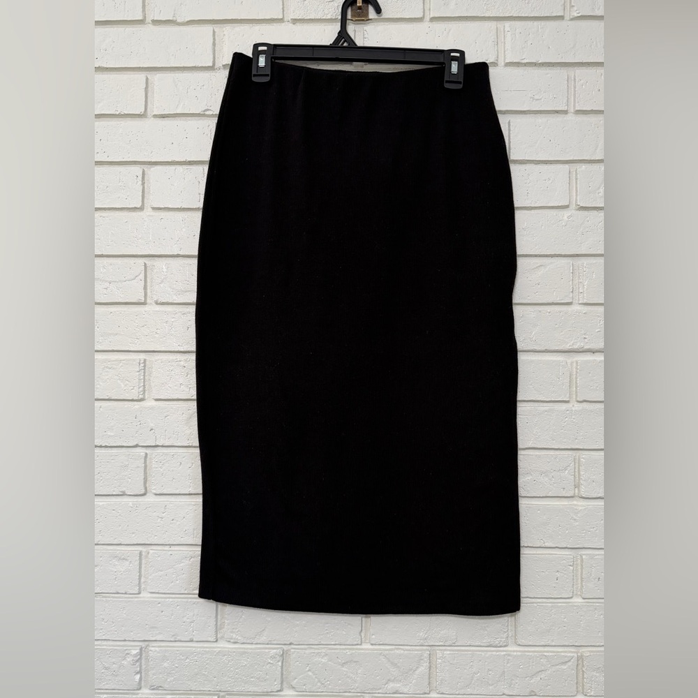 Timing Black Ribbed Knit Midi Skirt Size L Side Slit Stretchy
